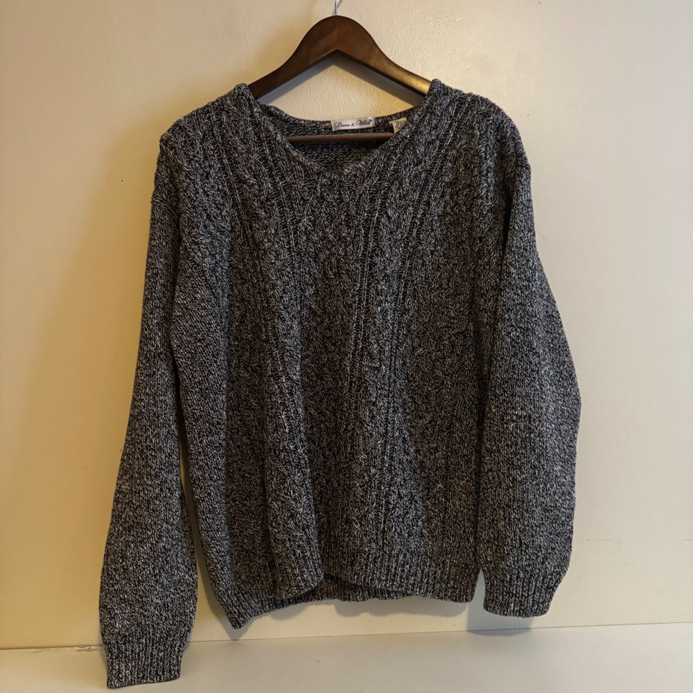 VTG Women's M Gray White Marled V-Neck 100% Cotton Cable Knit Sweater Fisherman